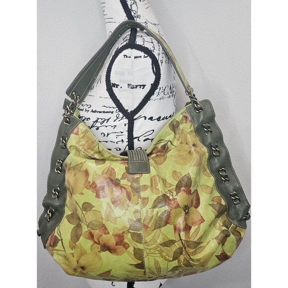 Vtg Sharif Studio Botanical Green Yellow Leather Hobo Bag Alligator Chain Accent - Picture 7 of 16